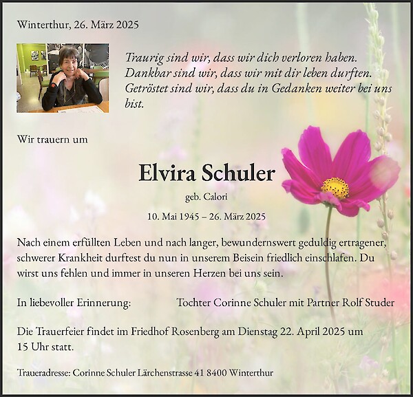 Todesanzeige von Elvira Schuler, Winterthur