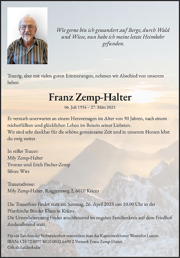 Todesanzeige von Franz Zemp-Halter, Kriens