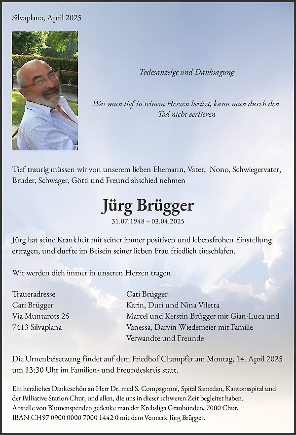 Todesanzeige von J&uuml;rg Br&uuml;gger, Silvaplana