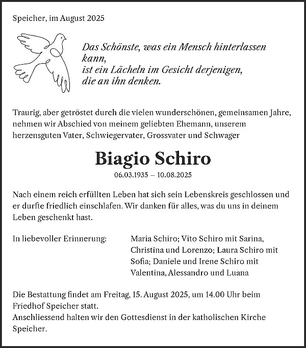 Obituary of Biagio Schiro, Speicher