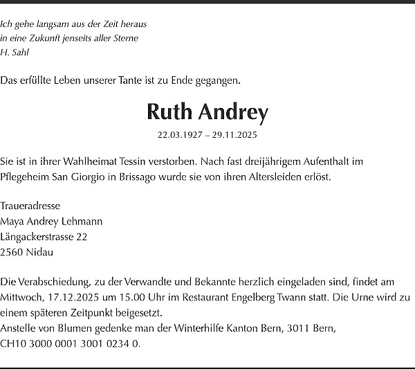 Todesanzeige von Ruth Andrey