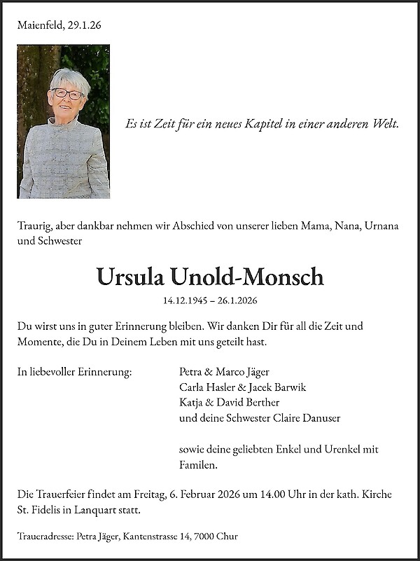 Todesanzeige von Ursula Unold-Monsch