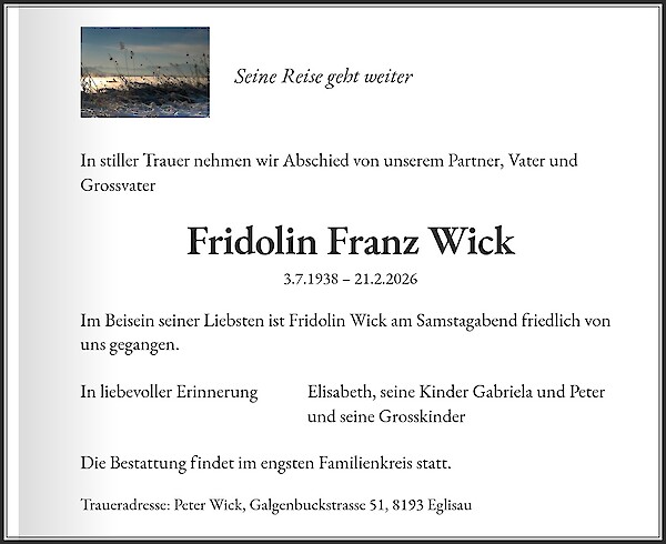 Obituary of Fridolin Franz Wick
