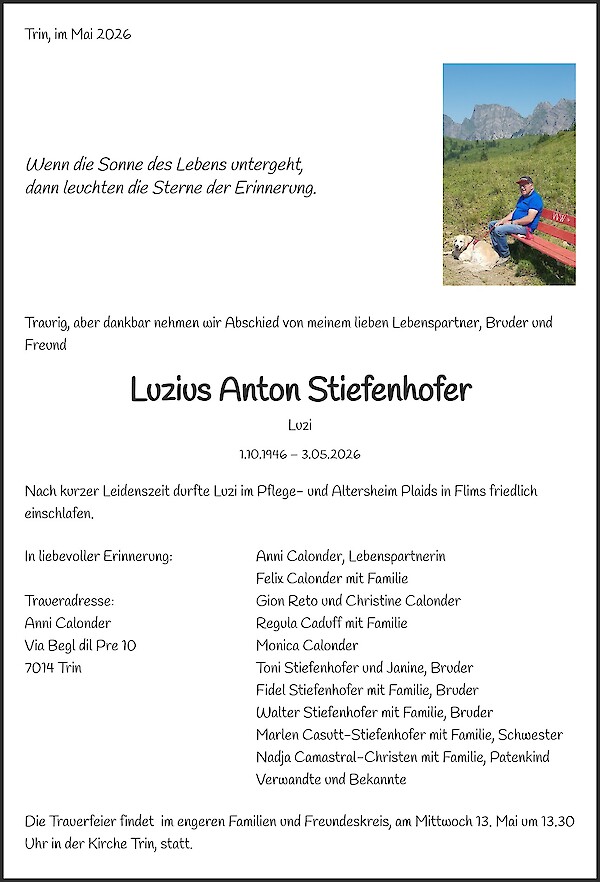 Todesanzeige von Luzius Anton Stiefenhofer