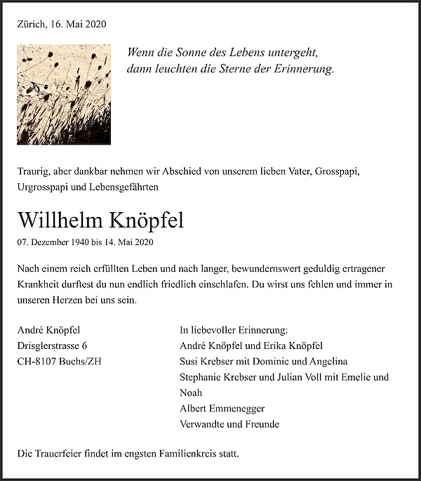 Avis de d&eacute;c&egrave;s de Willhelm Kn&ouml;pfel, Wald
