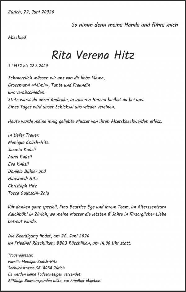 Obituary of Rita Verena Hitz, Z&uuml;rich