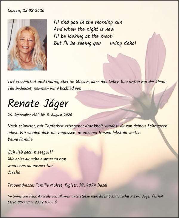 Avis de d&eacute;c&egrave;s de Renate J&auml;ger, Luzern