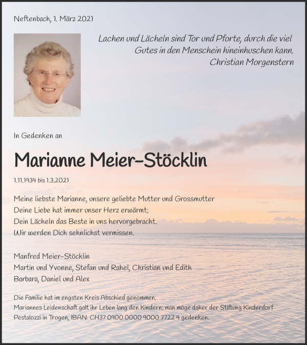 Obituary of Marianne Meier-St&ouml;cklin, Neftenbach