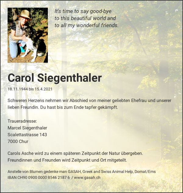 Obituary of Carol Siegenthaler, Chur