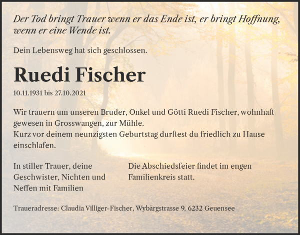 Avis de d&eacute;c&egrave;s de Ruedi Fischer, Grosswangen