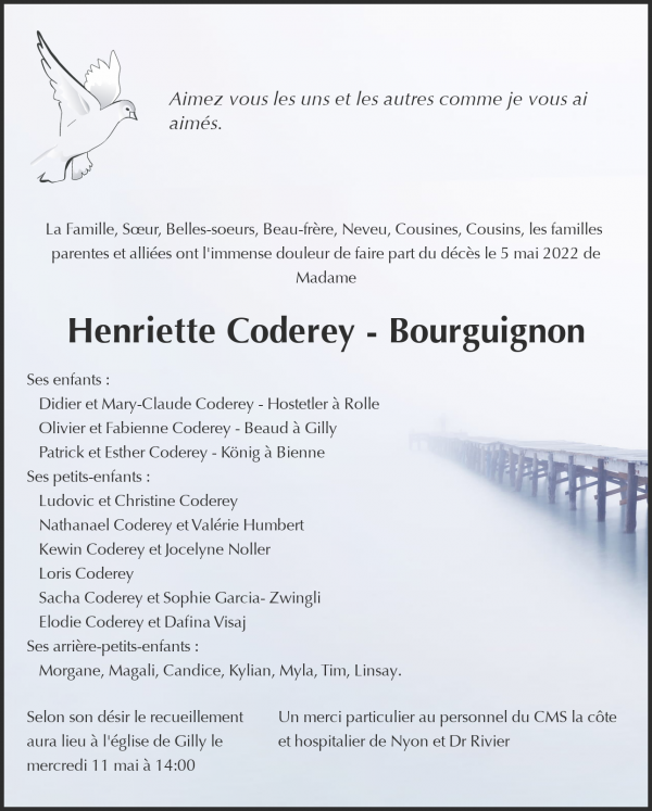 Todesanzeige von Henriette Coderey - Bourguignon, Gilly