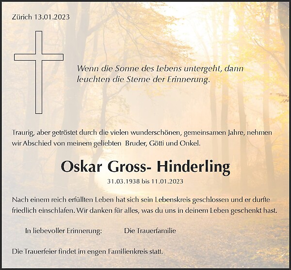 Todesanzeige von Oskar Gross- Hinderling, Zürich