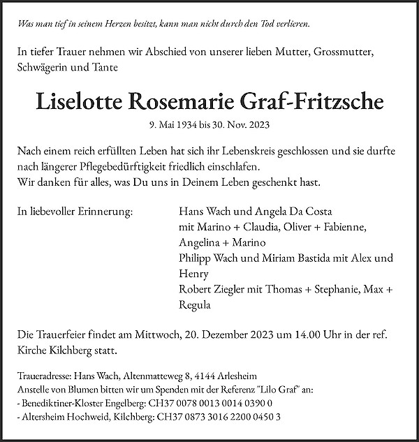 Obituary of Liselotte Rosemarie Graf-Fritzsche