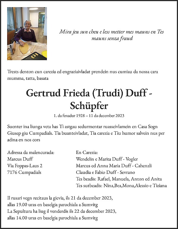 Todesanzeige von Gertrud Frieda (Trudi) Duff - Schüpfer