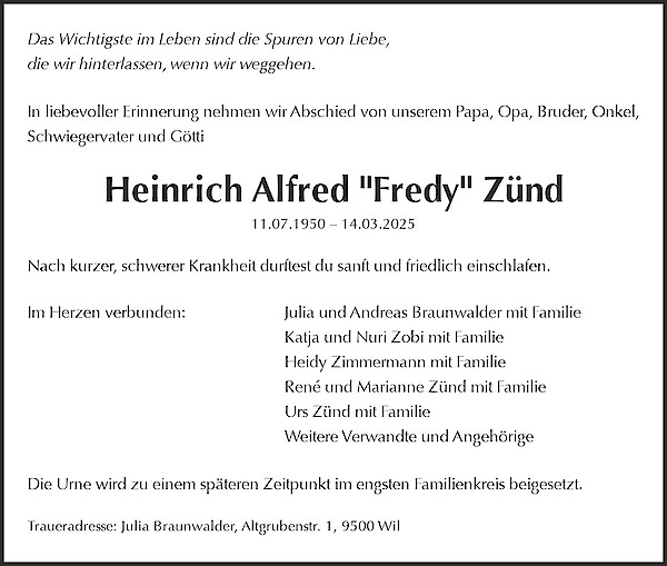 Todesanzeige von Heinrich Alfred "Fredy" Zünd
